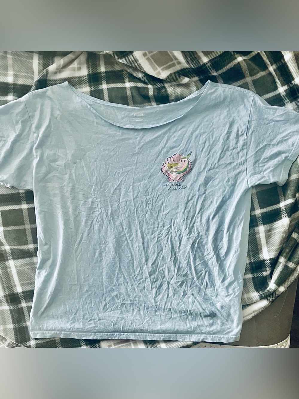 Hollister Off the shoulder Light Blue Short Sleeve Graphic Tee